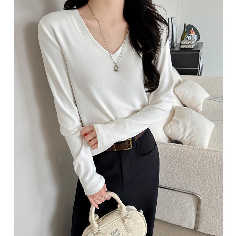 White V-neck Long-sleeved T-shirt for Women In Spring and Summer New Loose Slim Base Shirt Underneath Korean Top