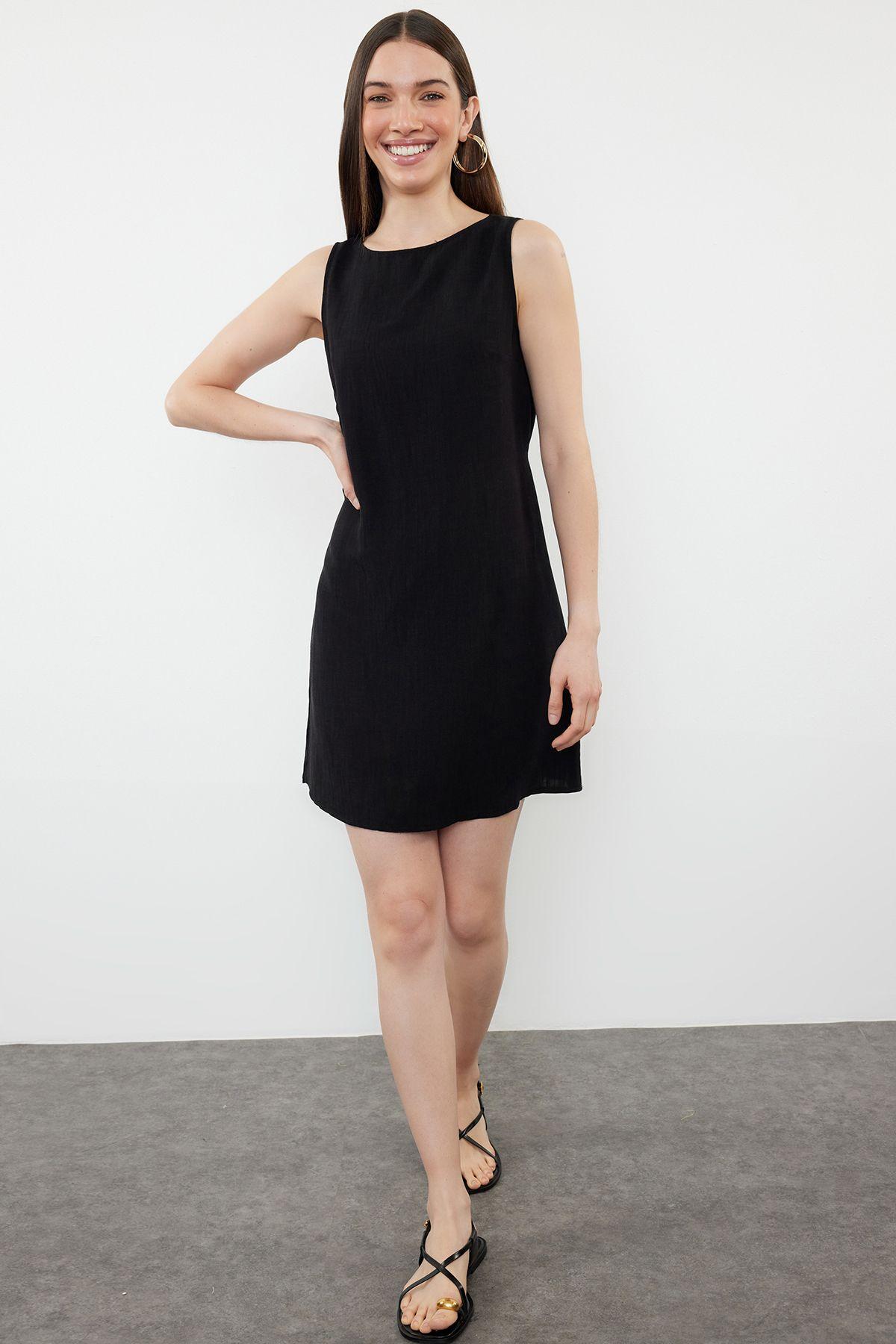 

Women s Style Dress Black Straight Cut Mini 100% Linen Woven Dress with Back Tie Detail XS