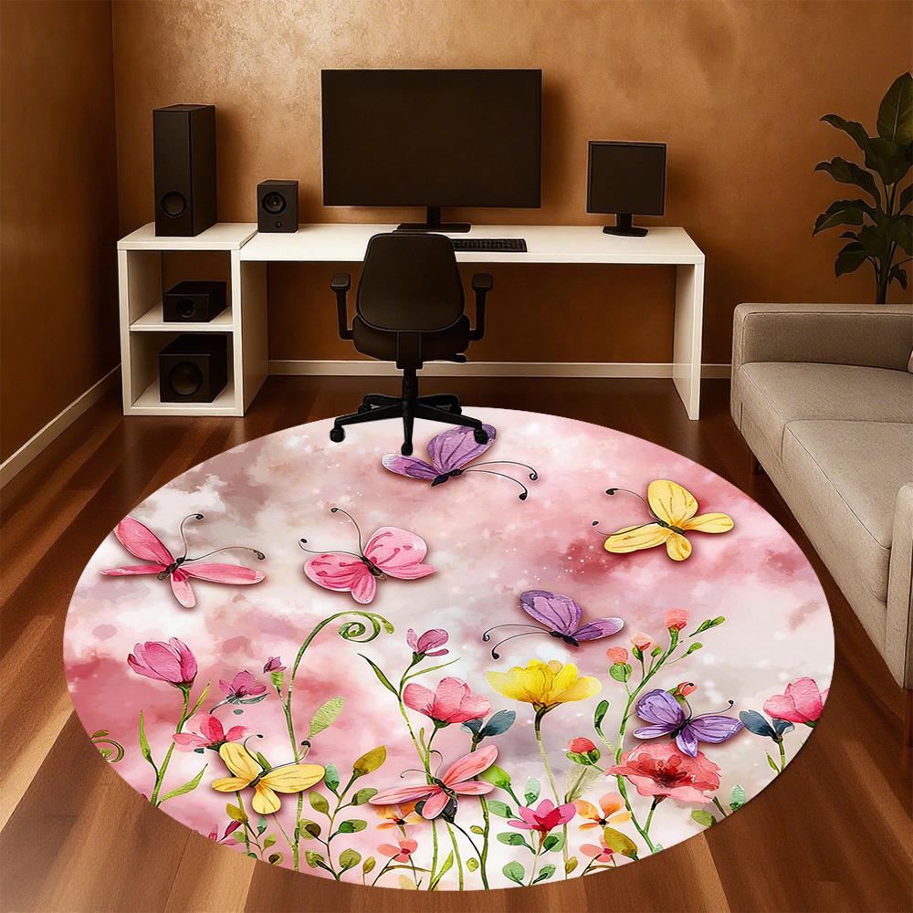 1pc Butterflies Flowers Round Chair Mat Office Area Rug - Non-Slip, Floor Mat for Office, Bedroom, and Indoor Decor P127232