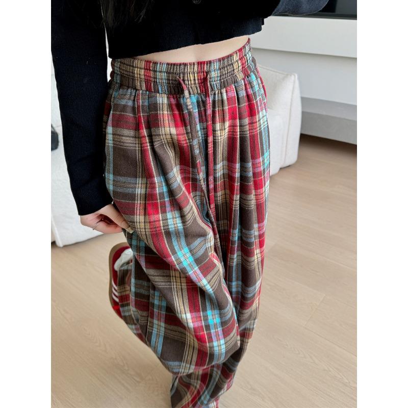 Spring Autumn Elastic Waist Vintage Plaid Printing Pants Women Loose Casual Fashion All-match Wide Leg Trousers