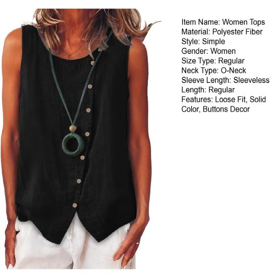 Women Tops Crew Neck Sleeveless Side Buttons Decor Asymmetric Design Pullover
