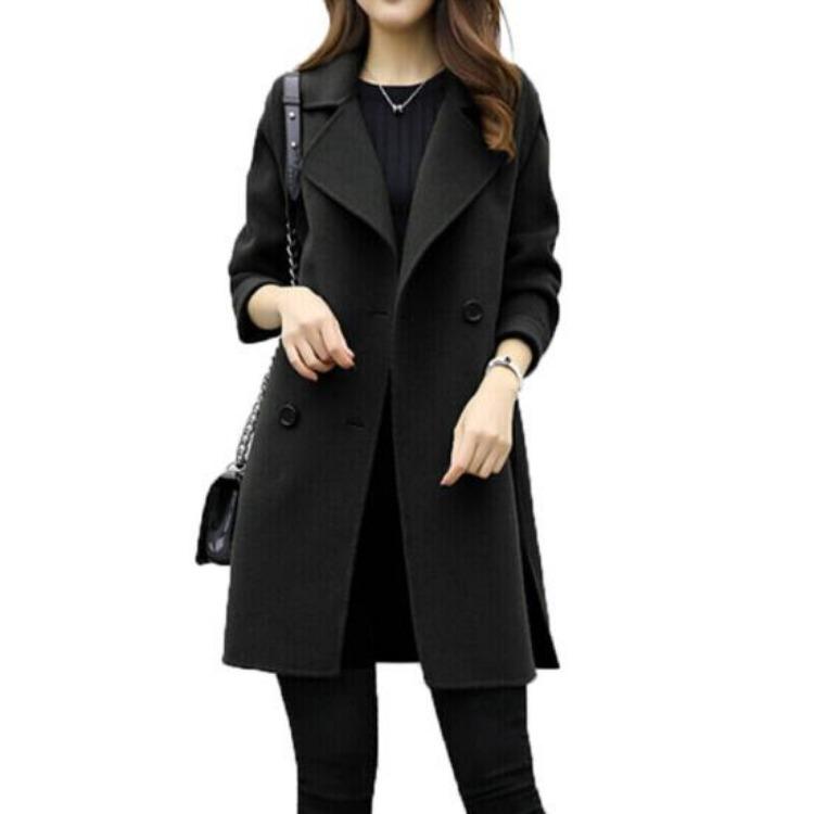 

Woolen Double Breasted Midi Coat Women Solid Color Lapel Outwear Autumn Winter XXXL чорний