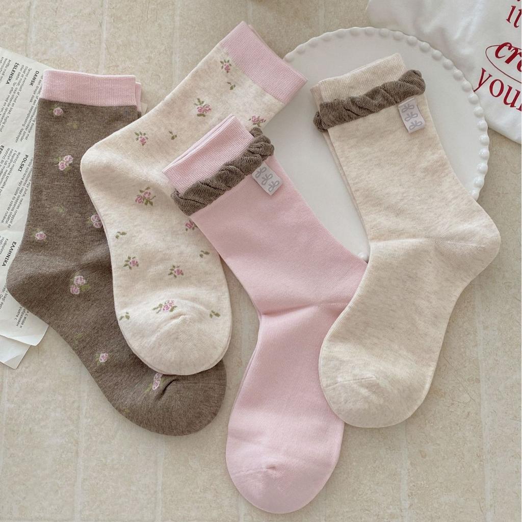 Lady Spring and Autumn Cloth Label Bow Small Broken Flower Bubble Mouth Boneless Tube Pile Socks