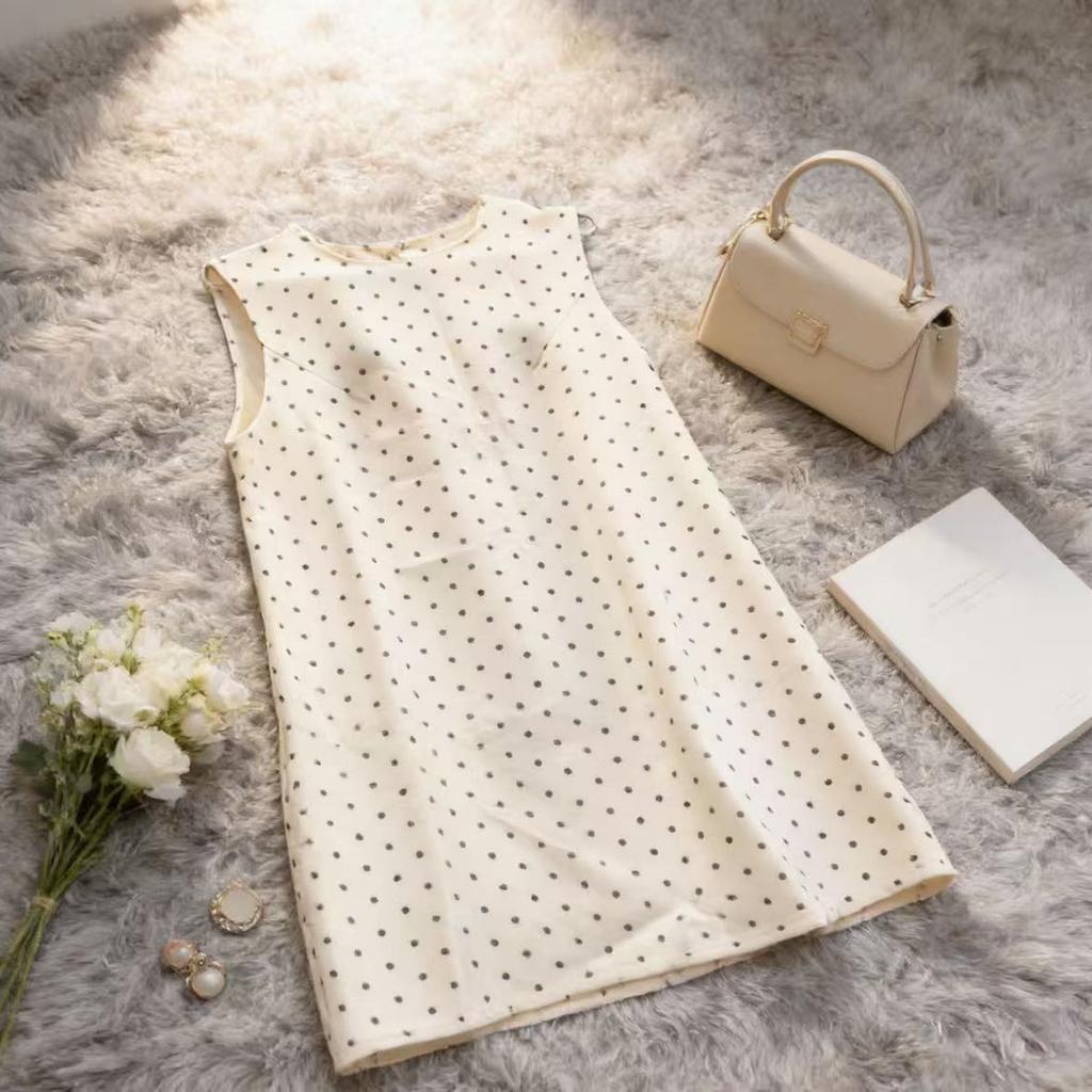 Vintage Polka Dot Round Neck Sleeveless Vest Dress Short Skirt Women's Summer New Back Hollow Straight Skirt Small Man
