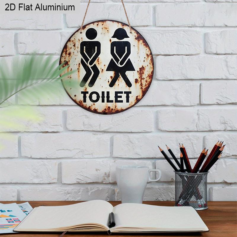 2D Flat Round Vintage Toilet Aluminum Sign, Male & Female Icons Bathroom Wall Decor for Home Office Public Restrooms