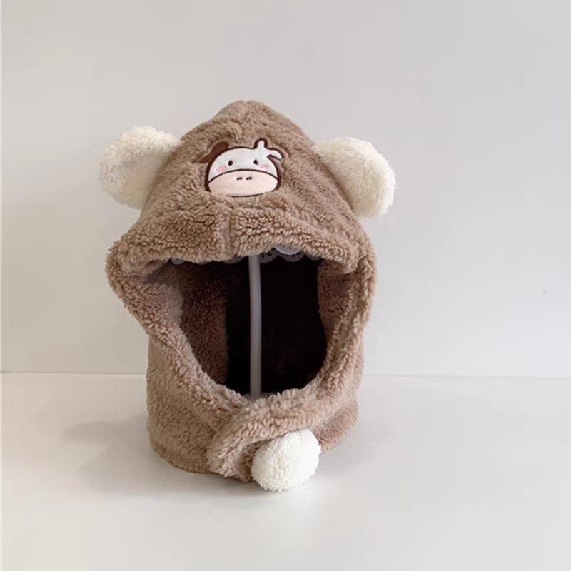 Winter Baby Scarf Hat One Piece Cute Cartoon Kids Plush Ear Protection Cap Boys Girls Warm Headgear Children Hooded Beanies