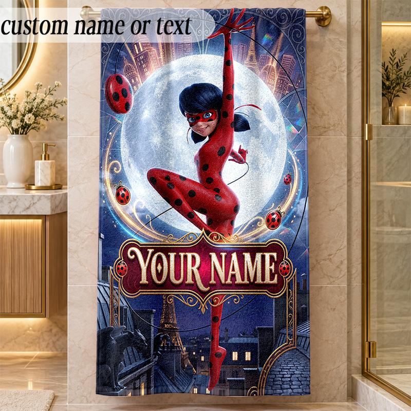 Beach TowelMiraculous Ladybug Custom Name Text Personalized Soft Towel for Beach Pool Indoor Home Decor Gift