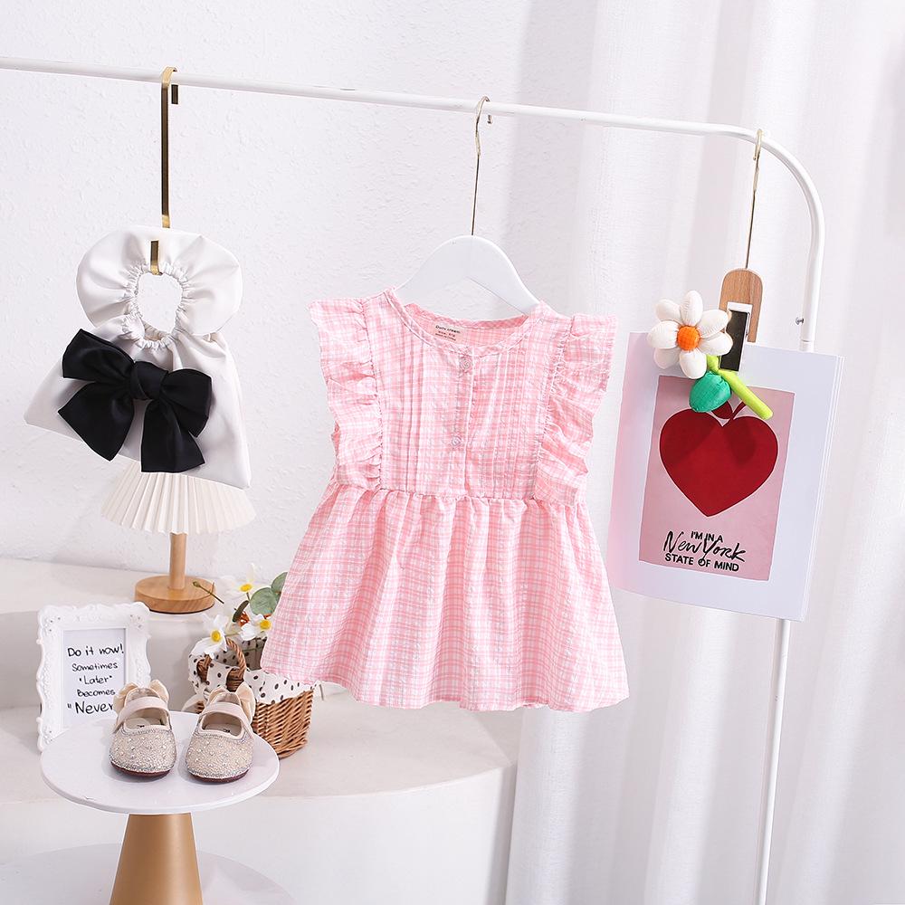 Korean-Style Girls' Summer Pleated Plaid Cotton Shirt with Flutter Sleeves