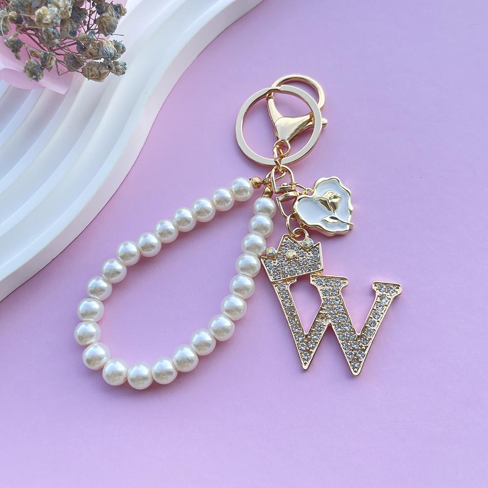 Boutique Crown A-Z 26 Initial Letters Rose Keyring Crystal Faux Pearl Resin Beaded Keychain Bag Pendant Women Girl Gifts Jewelry