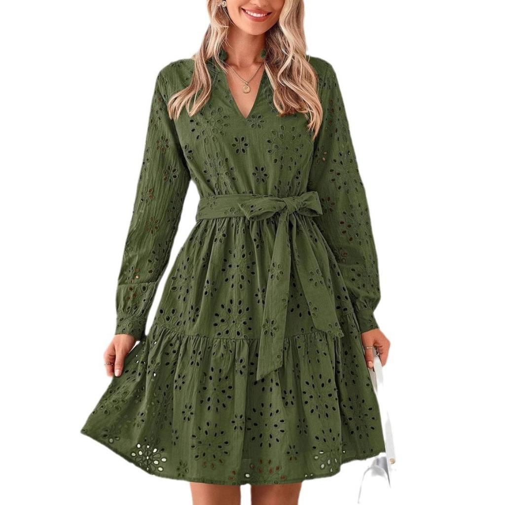Spring Autumn Women's Hollow Out Long Sleeve Dress, European American Fashion Elegant Casual Dress