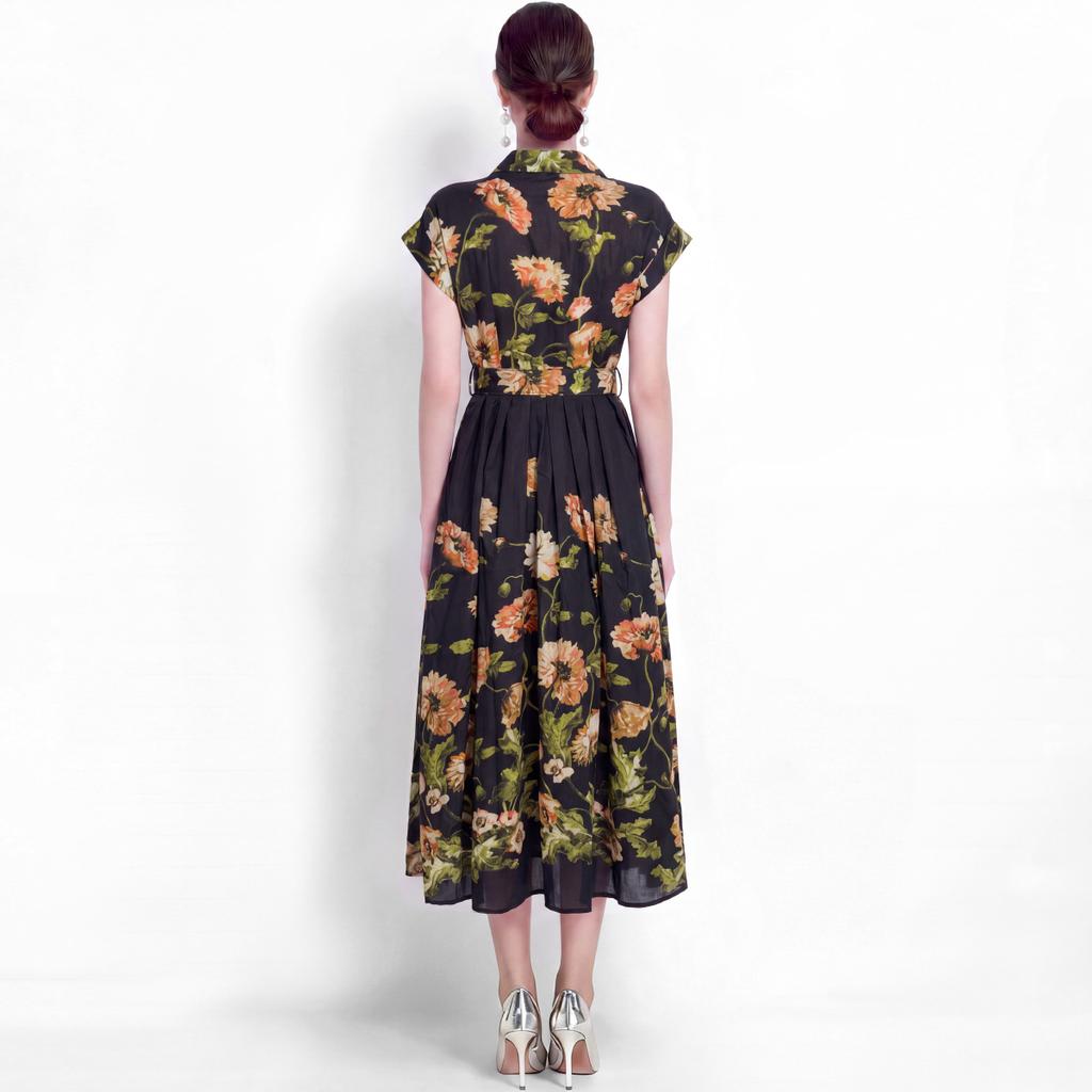 Elegant Floral Print Midi Shirt Dress for Women Summer Cap Sleeve Lapel Button Down Waist Belt A-Line Dress Holiday Outfits