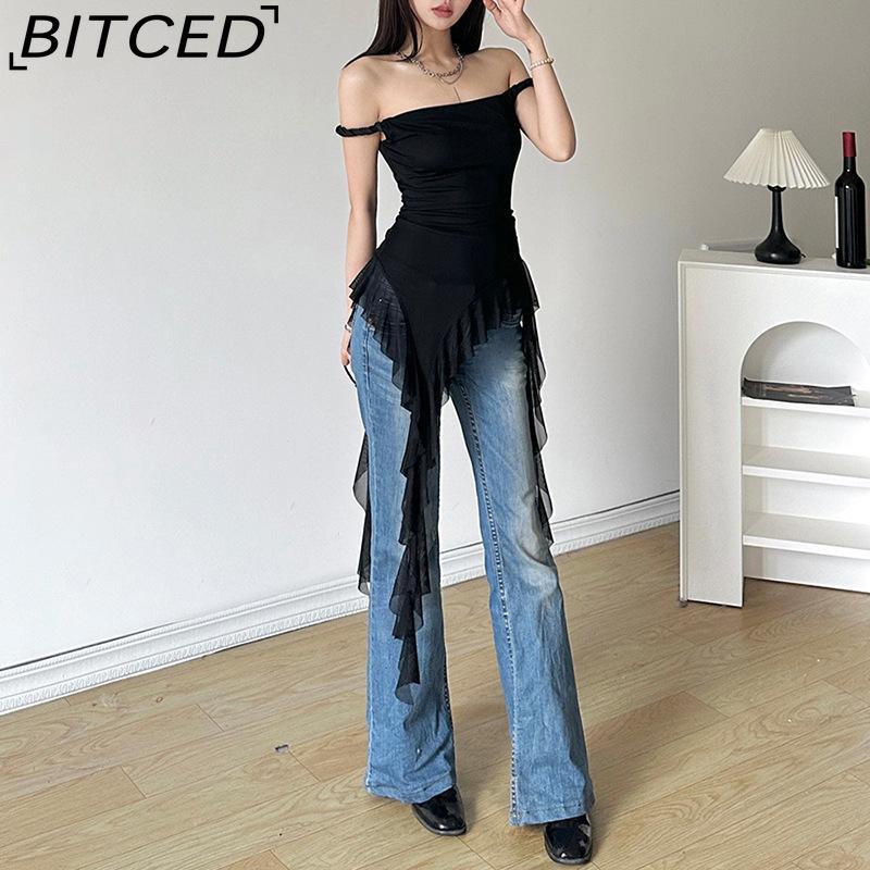 BITCED Spring Women's Solid-Colour Slim-Fit Streetwear Off-the-Shoulder Sleeveless Backless Top