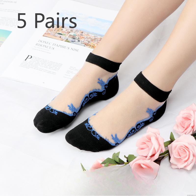 5 Pairs of Women's Summer Embroidered Non Slip Cotton Bottom Glass Silk Socks