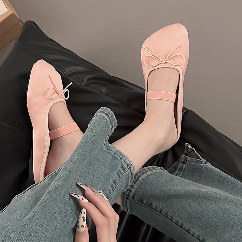 Fashion Baotou Flat Shoes Fall Season Thin Square Head Shallow Bow Lazy Man Slip-on Mary Jane Single Shoes