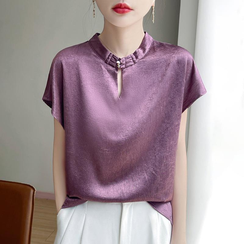 New Chinese style, spring and summer women's new national style buckle silky smooth satin texture design short-sleeved T-shirt top