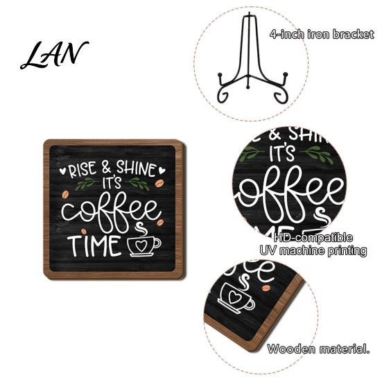 Decorative Wooden Stand Coffee Themed Tabletop Sign, Rustic Kitchen Bar Plaque with Iron Table Display Stand, Farmhouse Home Dining Room Countertop
