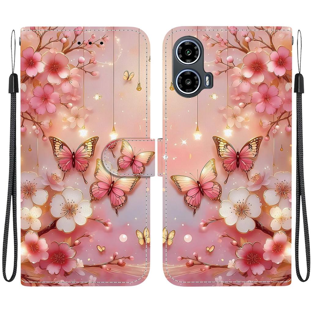 Handmade PU Leather Flip Case for Motorola Moto G34 Anti-Slip Shockproof Cover with Wrist Strap & Heart/Rose Cat Designs