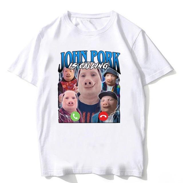John Pork ruft an Anruf annehmen Telefon T-Shirt Humor Lustiges Schwein Grafik T-Shirt Streetwear 3D Gedrucktes Schwarzes Kurzarm T-Shirt Oberteile