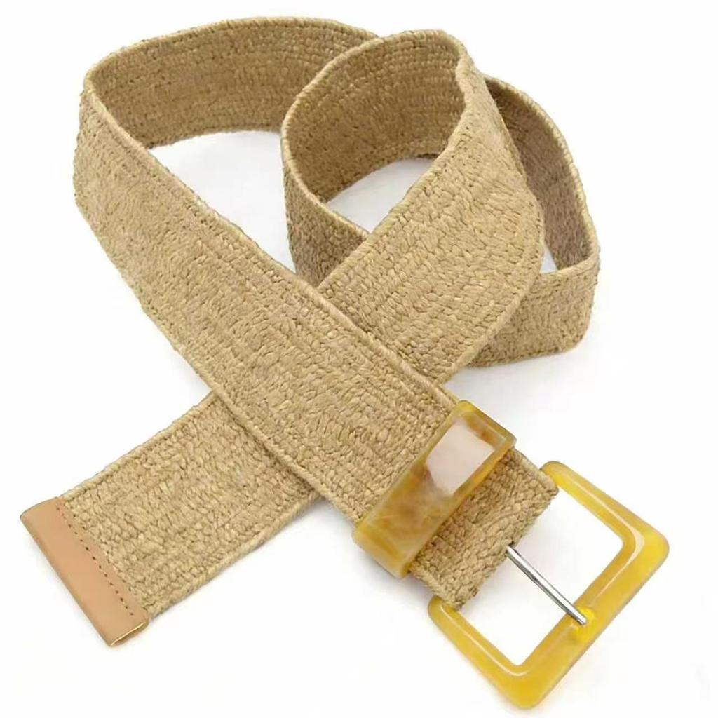 Women's Natural Straw Weave Belt with Resin Buckle - Stylish Woven Waistband Accessory