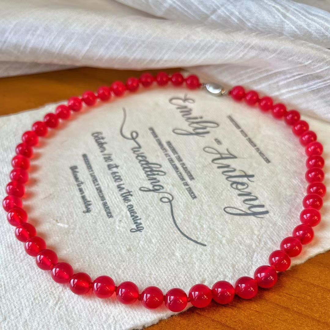 

Vintage Pigeon Blood Red Hydrated Ice Transparent Vitreous Natural Chalcedony Agate Collarbone Chain Beaded Necklace