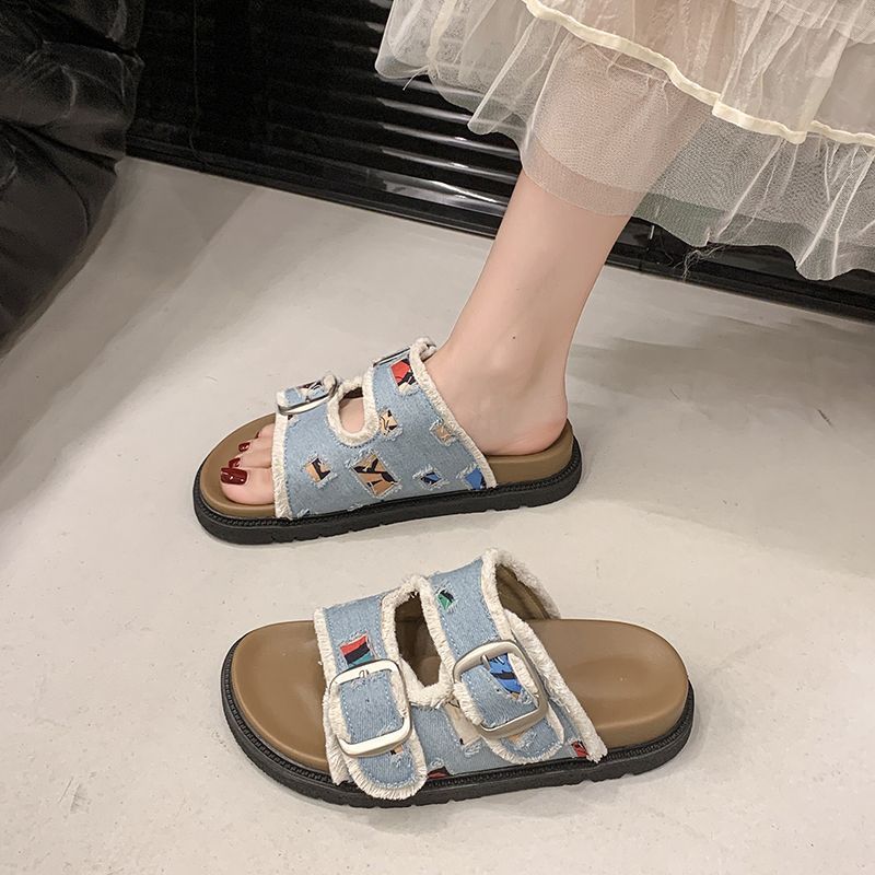 Fashion versatile retro casual double slippers women's flat bottom round head open toe cool slippers women's 2025 summer new