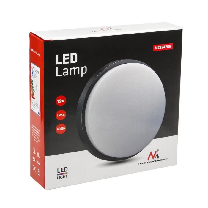 Lampe led mural plafonnier 15w ip54 1100lm gris mce342 maclean energy