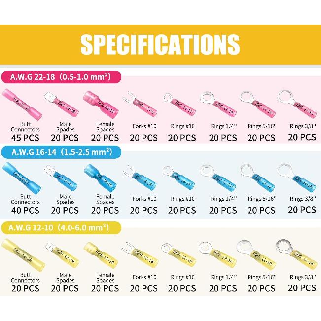 525PCS Heat Shrink Wire Connectors, 22-10 AWG Marine Grade Heat Shrink Butt Connectors, Waterproof Electrical Wire Terminals Kit Insulated Ring Fork