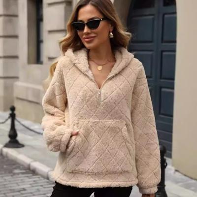 Women's Fashion Loose Long-sleeved Half-zip Plush Pullover Pockets Hoodie Top Ladies Casual Clothes