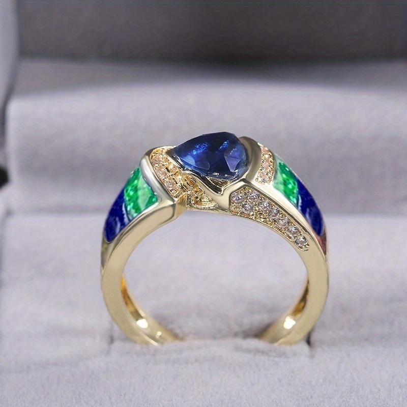 Elegant Vintage Triangle Cut Sea Blue Ring with Synthetic Zirconia Accents – Golden-Plated Copper Band for Women, Perfect Wedding or Bridesmaid Party