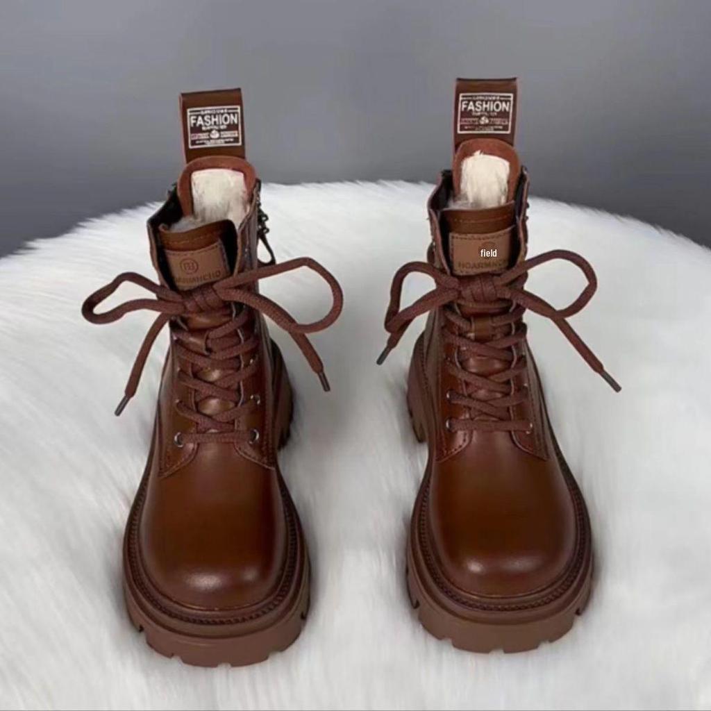 Women's Genuine Leather Martin Boots - Winter Velvet, Thick Warm, White Fur, Non-Slip, Wear-Resistant Snow Boots