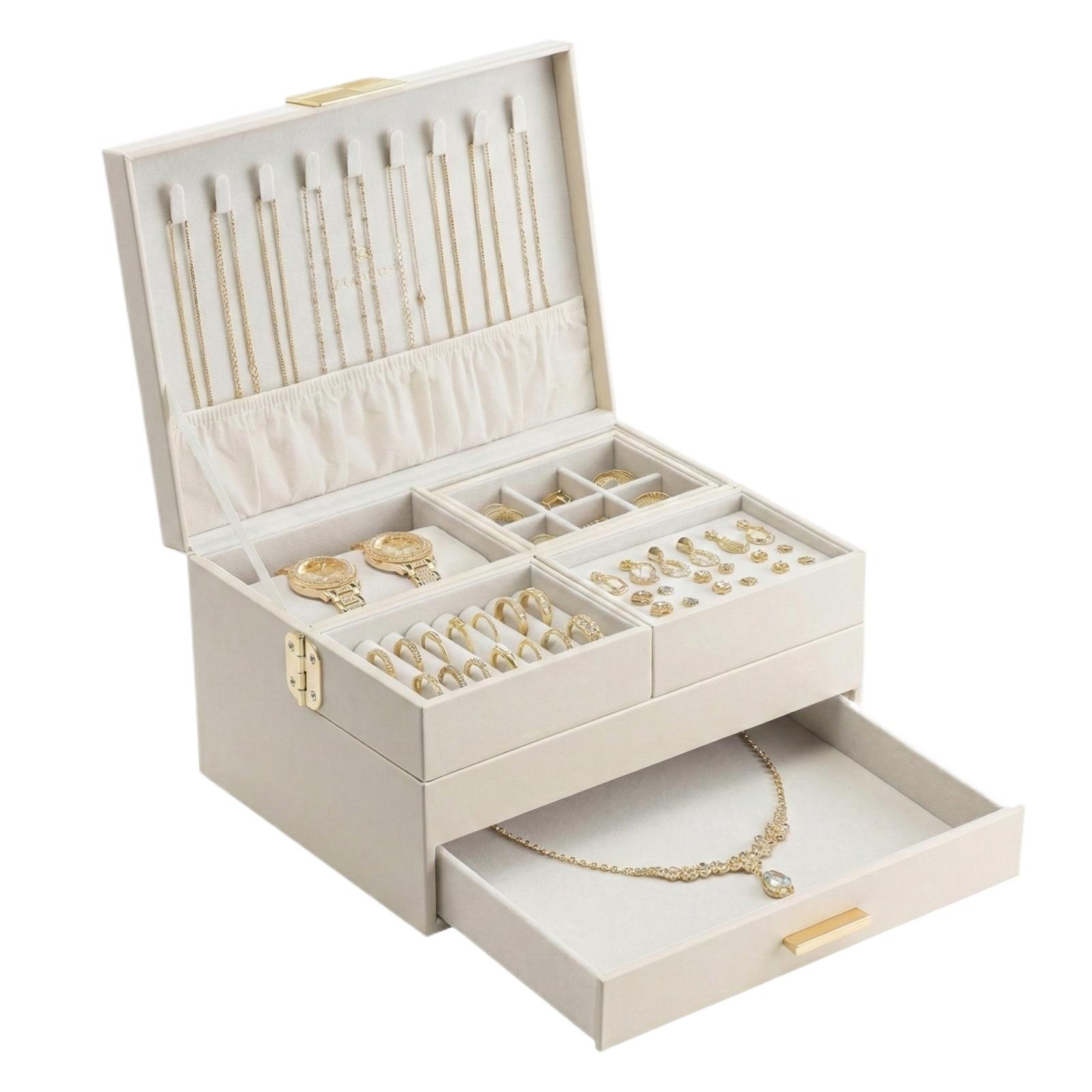 

Large Capacity 3-layer Jewelry Storage Box, Women s Jewelry Box With Retractable Trays And Drawers. One Size білий