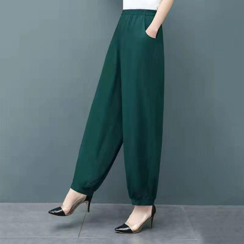 Summer Thin Cotton Silk Mother Pants Solid Color Bloomers Large Size Wide-leg Women's Pants Elastic Waist Trousers
