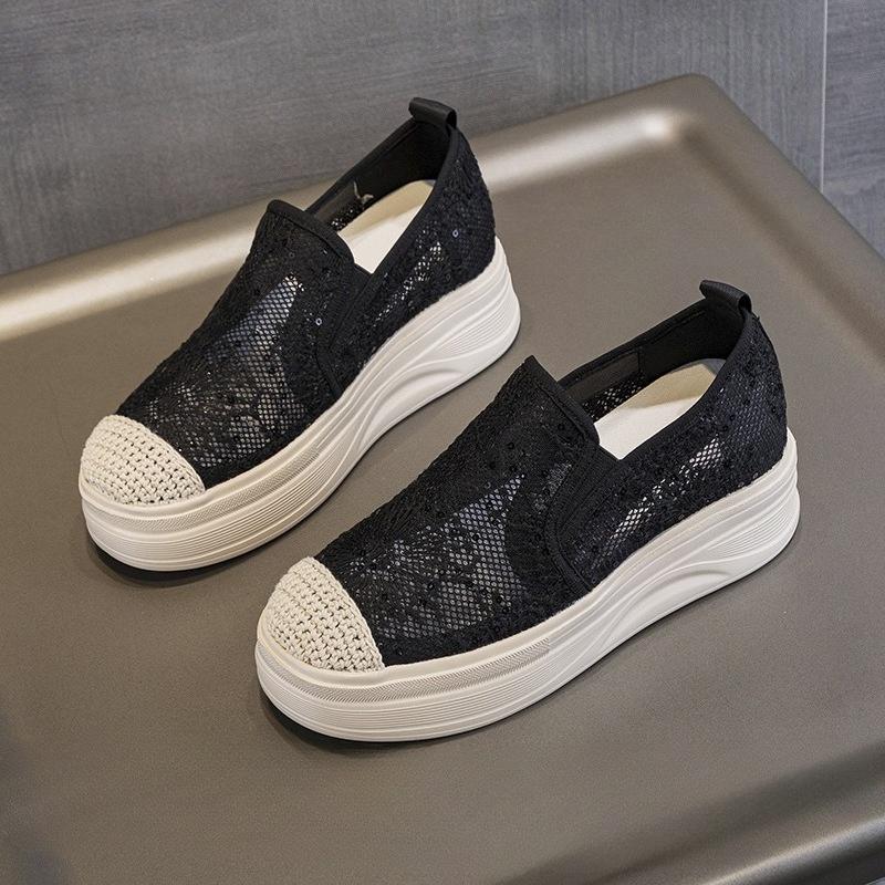 7cm Spitzennetz Damen Sommerschuhe Unifarben Modische Schnür Halbhausschuhe Keilabsatz Slip-Ons für Damen Atmungsaktive Schuhe