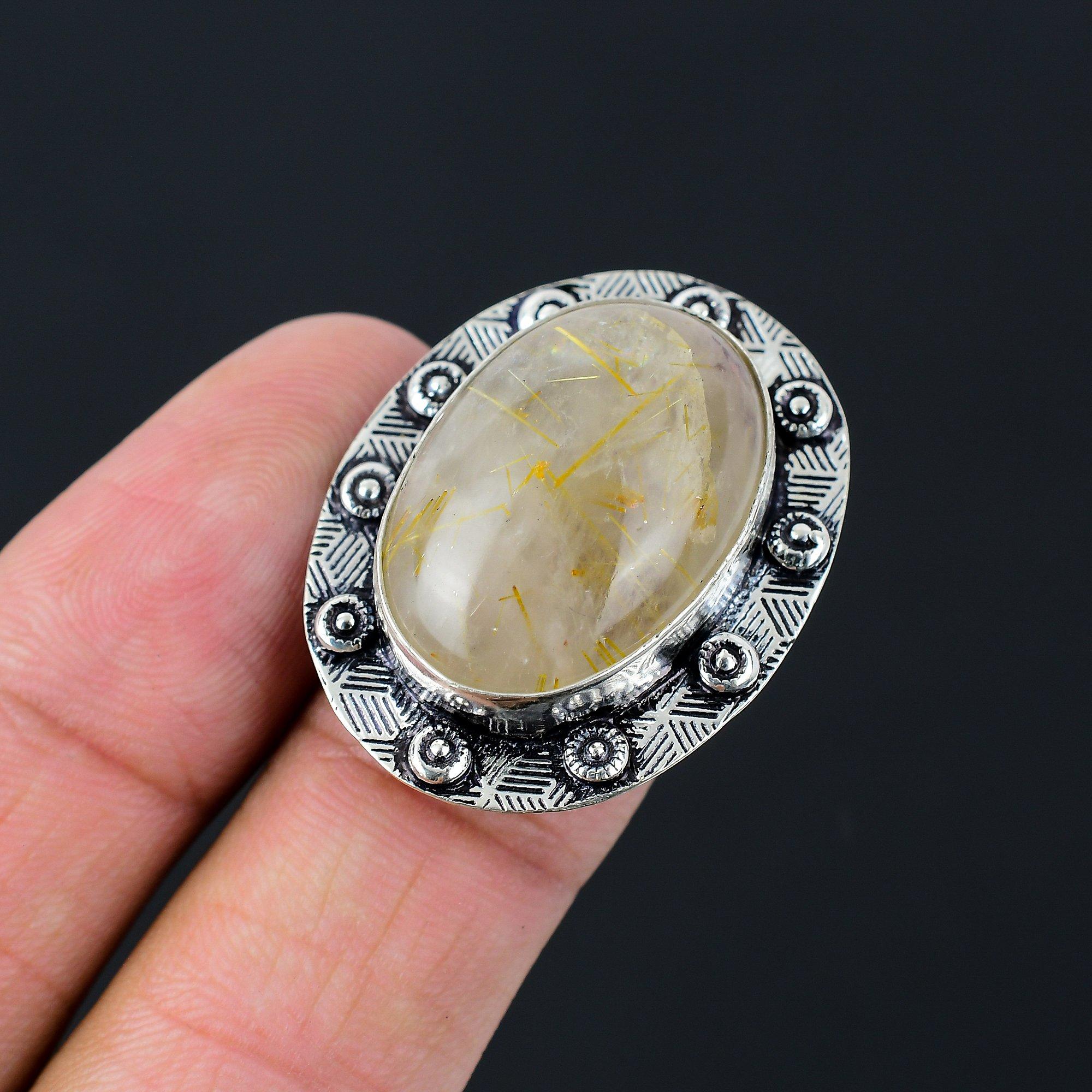 Daughters Day Sale 925 Silver Golden Rutile Stone Wedding Solitaire Ring US 6.5 6.5