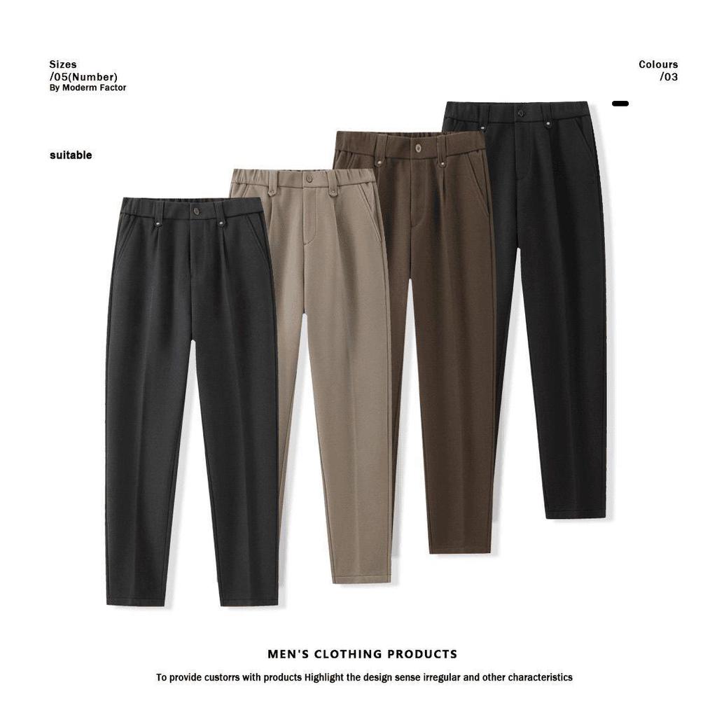 Men's Micro-Tapered Wool Suit Pants: Elastic Waist, Straight Leg, Wrinkle-Resistant, Slimming, Warm, Casual Trousers for Autumn & Winter.