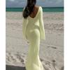 Stile Europeo e Americano Donna Estate Nuovo Texture Bucherellata Scollo a V Fibbia Rotonda Manica Lunga Vacanza Abito Lungo Spiaggia Protezione Solare Scollo a Laccio Gonna Lunga