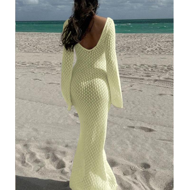 Stile Europeo e Americano Donna Estate Nuovo Texture Bucherellata Scollo a V Fibbia Rotonda Manica Lunga Vacanza Abito Lungo Spiaggia Protezione Solare Scollo a Laccio Gonna Lunga