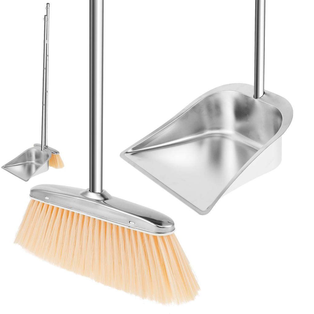 Stainless Steel Broom Dustpan Set Plastic Upright Broom Dustpans with Long Handle Heavy Duty Dustpan Broom Combo Set Portable