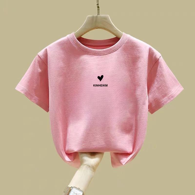 Girls Summer Cotton Short Sleeve T Shirt Pink Cute Print Round Neck Top 90