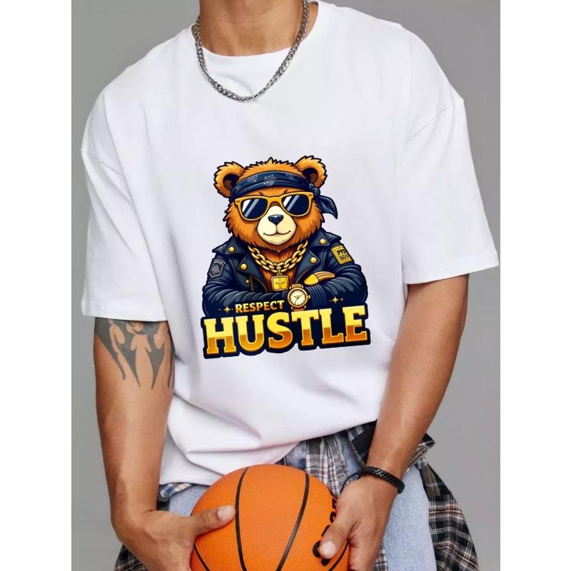 Tričko s kulatým výstřihem Bílý medvěd se slunečními brýlemi a koženou bundou Respektuj Hustle Potisk Ležérní Streetwear pro muže