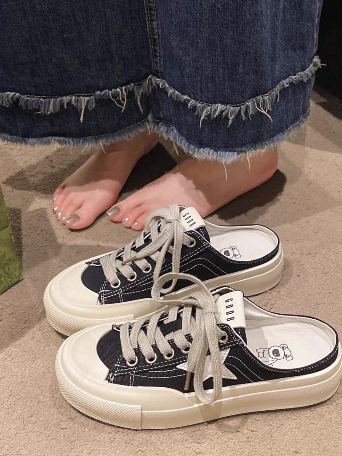 

Баотоу полутапочки женские 2025 новые весенние для улицы повседневные парусиновые туфли без каблука универсальные ленивые на платформе инс 40 чёрный