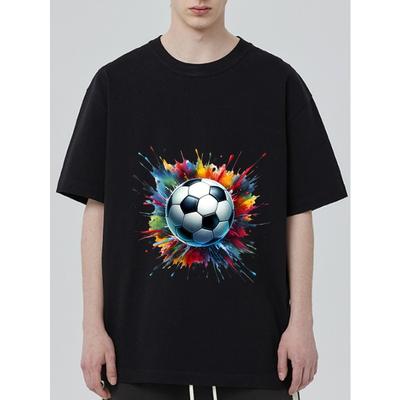 T-shirt Nera con Pallone da Calcio e Stampa a Schizzi Colorati per Sport e Tempo Libero