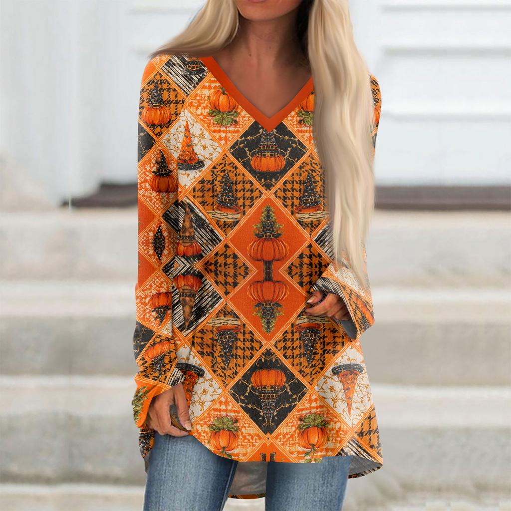 Women's Long Sleeve V Neck Tunic with Halloween Graphic Print for Casual Fall Wear