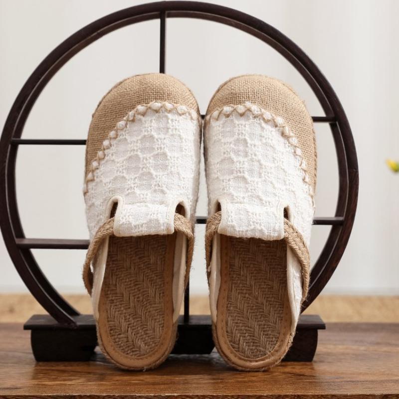 Rustic Chiffon Linen Old Beijing Cloth Shoes for Women, Student Canvas Shoes, Breathable Fisherman Half Slippers, Slip-On Style