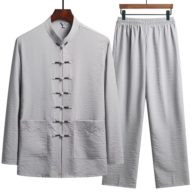 Chinese Traditional Clothing Set Man Fall Linen Buckle Kung Fu Shirt Oriental Retro Top+ Pants Tai Chi Breathable Uniforms Hanfu 2 Pieces Set