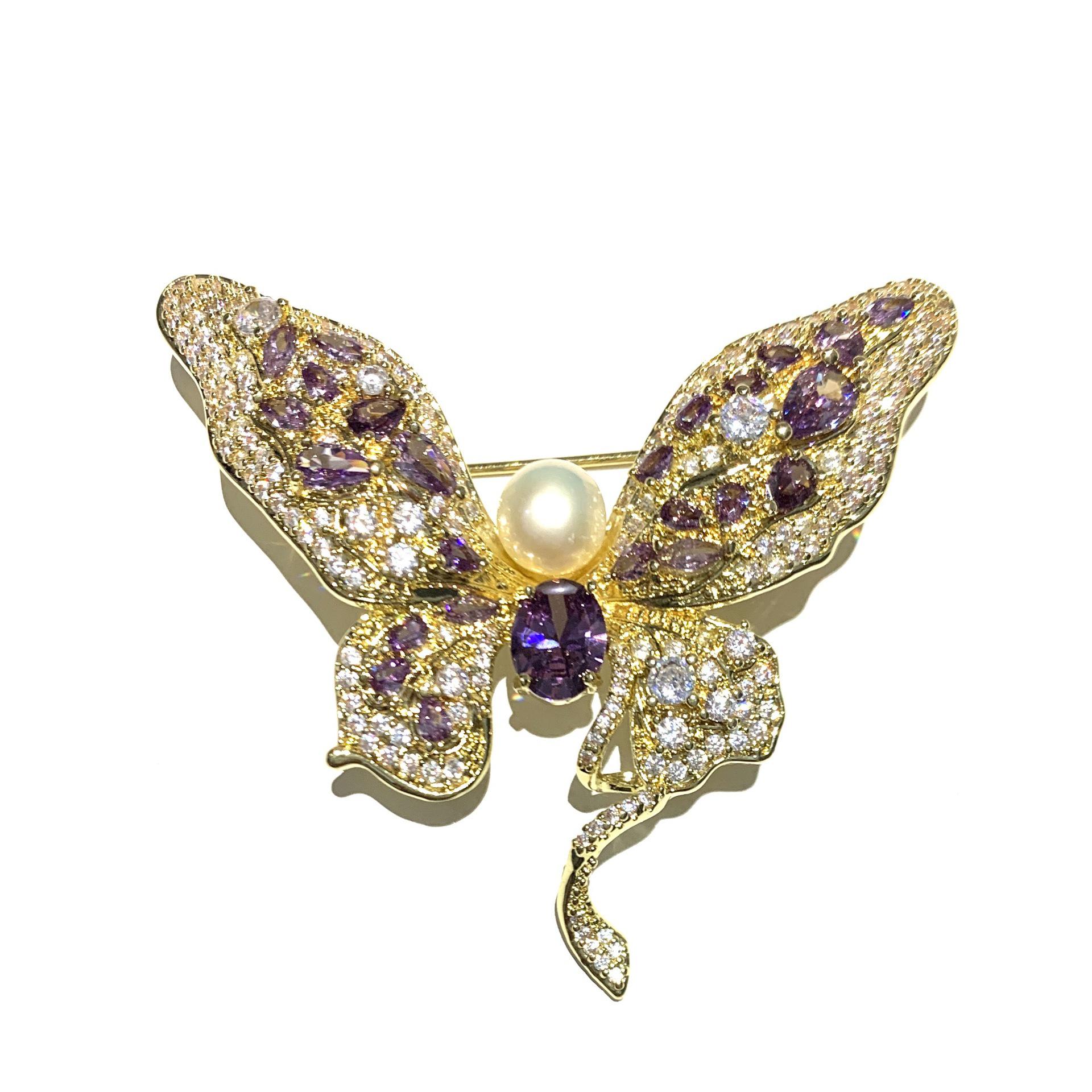 Copper Zirconia Butterfly Brooch with Freshwater Pearl