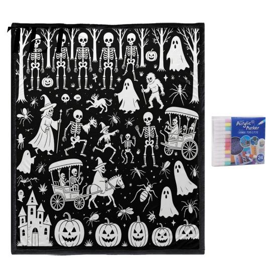 Cozy Warm Throw for Sofa Halloween DIY Coloring Blanket with 24 Markers, Washable Blanket, Color Art Therapy Relaxation Your Own Spooky Pattern