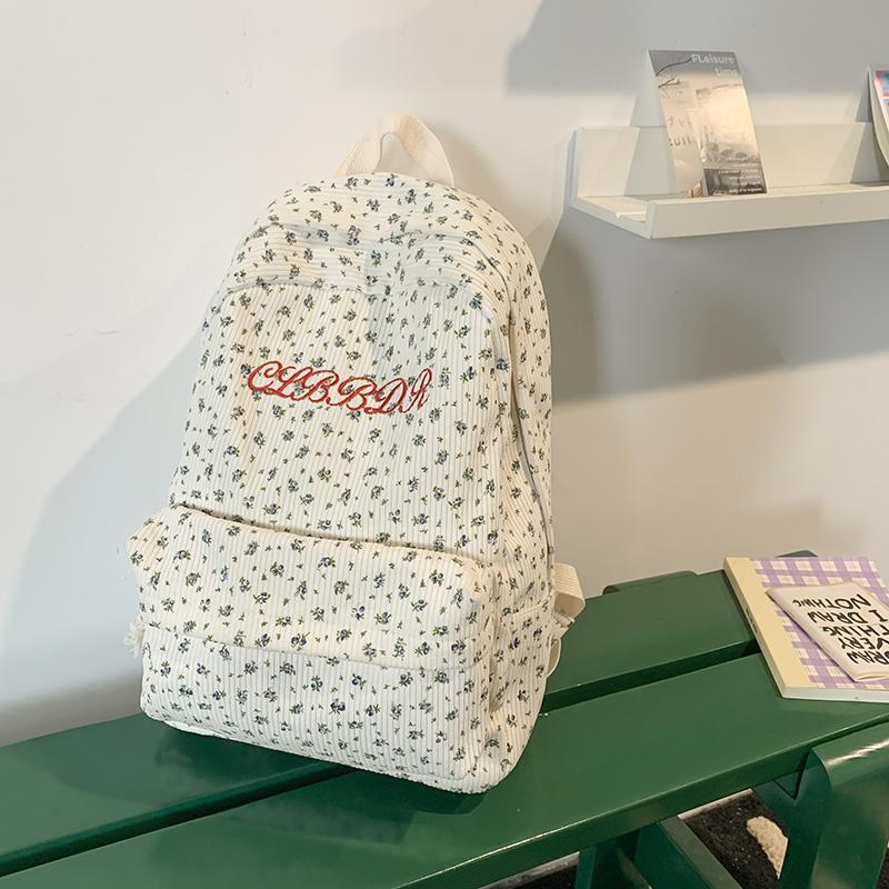 Women's Floral Print Backpack Corduroy Student School Bag Campus Large Capacity Backpack