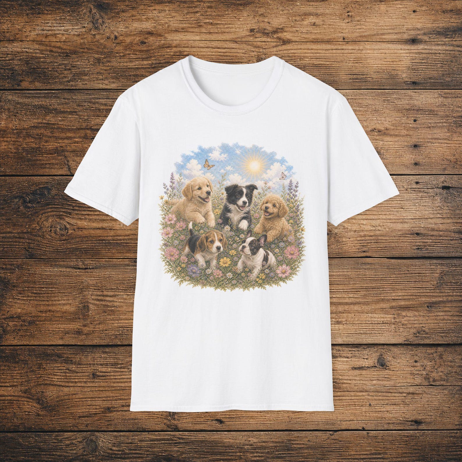 Puppies Flower Garden Shirt, Vintage Dog Lover Graphic Tee, Cottagecore Floral T-Shirt S