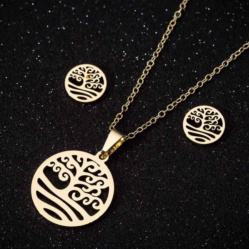Thanksgiving Pendant Necklace & Earrings Set: Mother Holding Child, Stainless Steel Tree of Life Jewelry for Spring & Summer